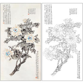 于非闇花鸟工笔画白描底稿《墨牡丹》牡丹临摹勾线高清打印稿HS14