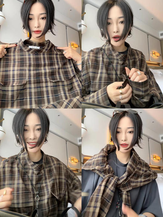 HIDEMI 限定色织格纹极简设计感口袋圆领宽松小男孩衬衫 商品图1