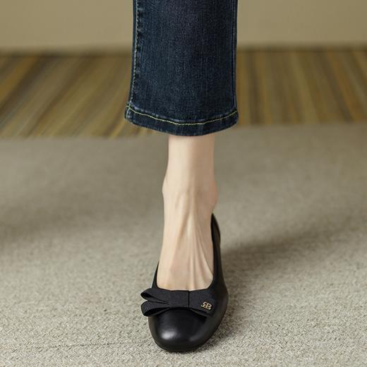 初秋新品头层牛皮方头低帮蝴蝶结浅口粗跟中跟皮鞋 商品图1