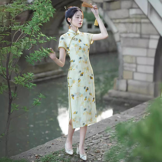 改良旗袍日常修身国风黄色中长款日常XL213 商品图4