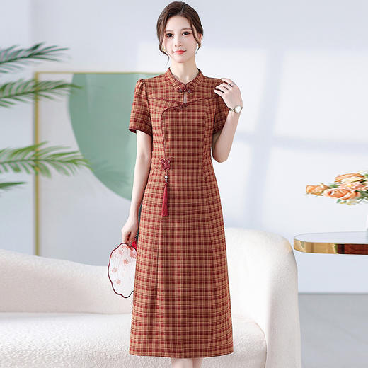 中式旗袍夏款格纹连衣裙QYM-KED-H1962-Y 商品图0
