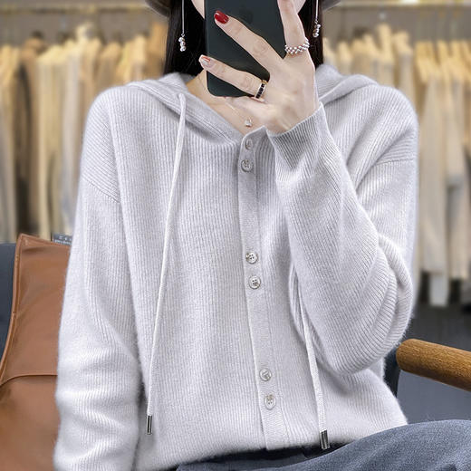 连帽针织开衫女春秋宽松休闲毛衣纯色羊毛衫SZ2715 商品图1