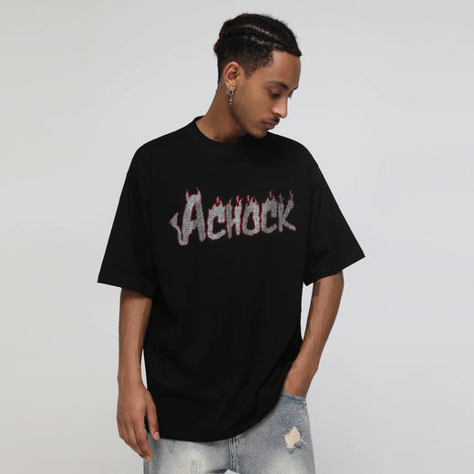 【Achock官方店】国潮创意logo烫钻火焰刺绣t恤2022夏圆领短袖男 商品图1