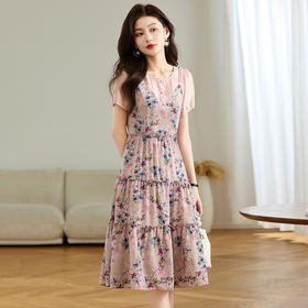 圆领短袖吊带假两件连衣裙，时尚印花裙A字裙QYM-TB-FD1970-Y