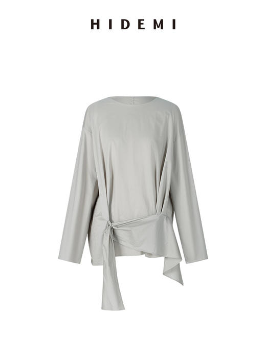 HIDEMI 极简廓形设计感腰部丝巾不对称水洗纯棉衬衫上衣 商品图7