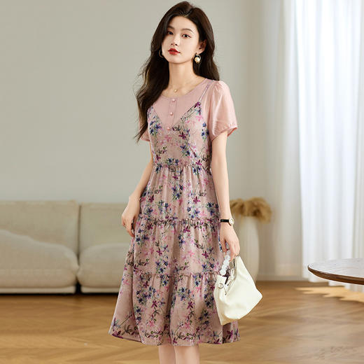 圆领短袖吊带假两件连衣裙，时尚印花裙A字裙QYM-TB-FD1970-Y 商品图1