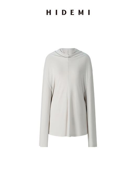 HIDEMI 经典极简立领堆堆领甄选醋酸羊毛弹力绒感针织长袖上衣 奶茶色/艺术炭灰 商品图5