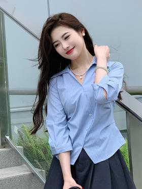 【百图lulu定制】【鱼骨条纹衬衫】鱼骨衣门襟 条纹七分袖衬衫