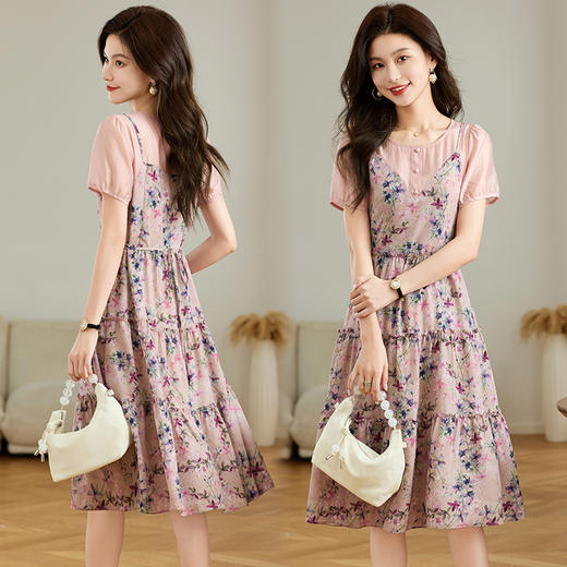 圆领短袖吊带假两件连衣裙，时尚印花裙A字裙QYM-TB-FD1970-Y 商品图3