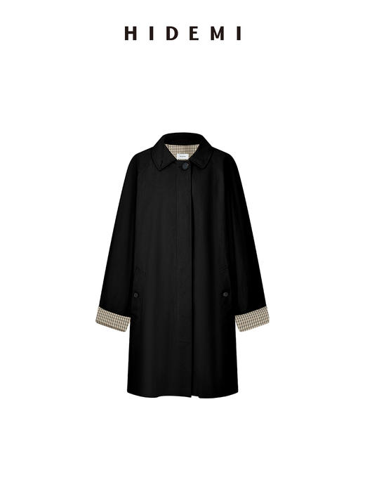 HIDEMI【吴千语同款】极简廓形设计感复古宽肩格纹拼接卷边式长款风衣 黑色/卡其色 商品图10