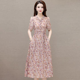 时尚木耳边印花连衣裙QYM-LRX-NF8110-Y