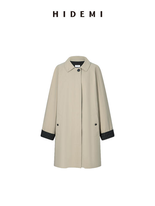 HIDEMI【吴千语同款】极简廓形设计感复古宽肩格纹拼接卷边式长款风衣 黑色/卡其色 商品图9