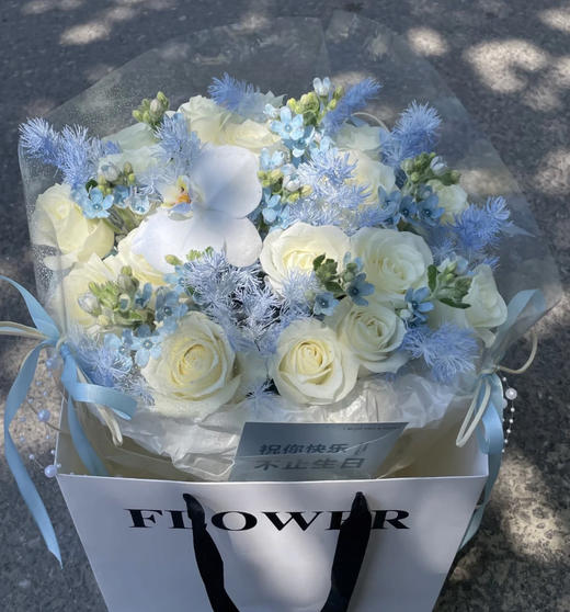 【海洋之歌】21朵精品白玫瑰➕9支蓝星花➕1朵蝴蝶兰➕永生蓬莱松 商品图0