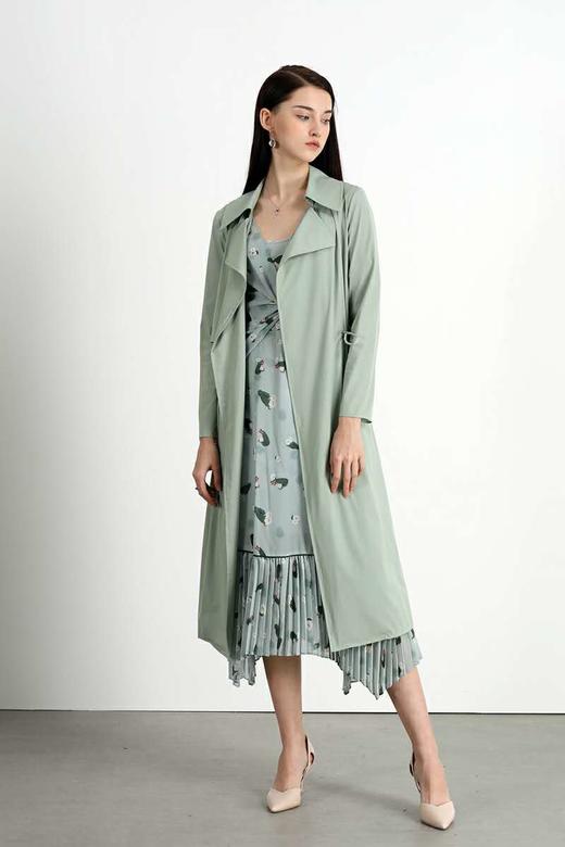 【伯妮斯茵】竹青色百搭气质中长款修身长袖翻领时尚过膝风衣 3D5781 商品图3