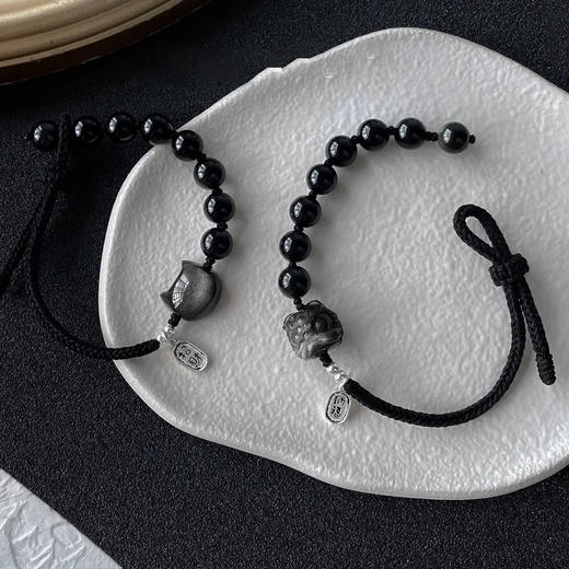 七夕情人节礼物【天然黑曜石手链】银曜石醒狮编织绳 猫咪手绳轻奢小众精致情侣款  商品图0