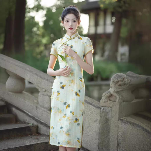 改良旗袍日常修身国风黄色中长款日常XL213 商品图1