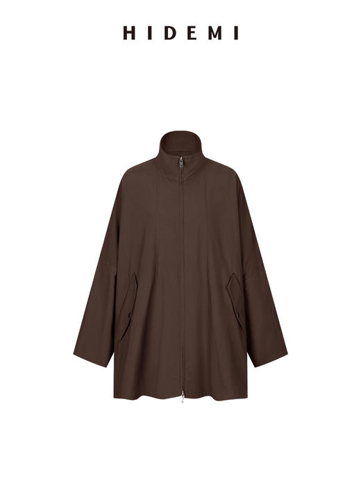 HIDEMI 极简廓形伞状拉链立领设计感口袋中长款休闲感外套风衣 深棕酒红/雾霾蓝灰 商品图9