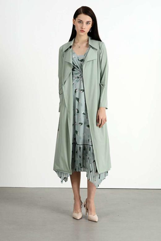 【伯妮斯茵】竹青色百搭气质中长款修身长袖翻领时尚过膝风衣 3D5781 商品图1
