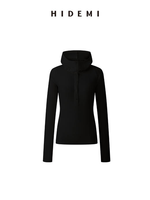 HIDEMI 循环可再生高弹力显瘦坑条连帽T恤长袖上衣帽衫 黑色/艺术灰/自然白 商品图7