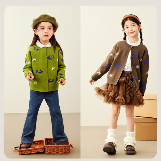 迷你巴拉女童儿童针织开衫秋季复古撞色提花毛衫 商品图2