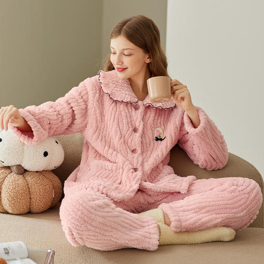 芬腾珊瑚绒女士睡衣秋冬加绒加厚保暖法兰绒加大码家居服套装冬季 商品图0