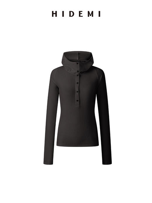 HIDEMI 循环可再生高弹力显瘦坑条连帽T恤长袖上衣帽衫 黑色/艺术灰/自然白 商品图8