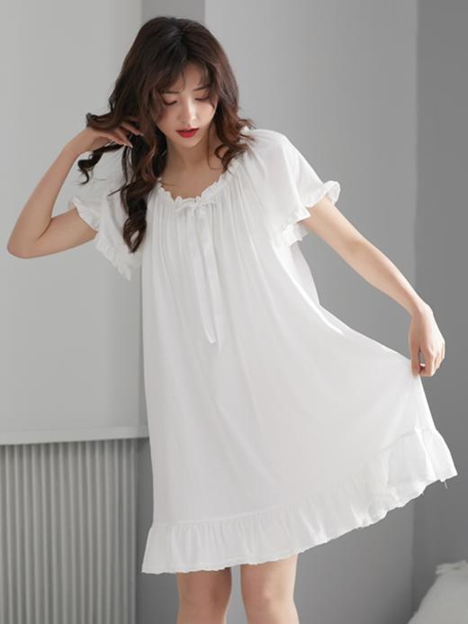 芬腾睡裙女夏纯棉甜美圆领套头家居服全棉白色短袖中裙换季春夏款 商品图1