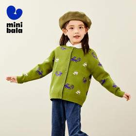 迷你巴拉女童儿童针织开衫秋季复古撞色提花毛衫