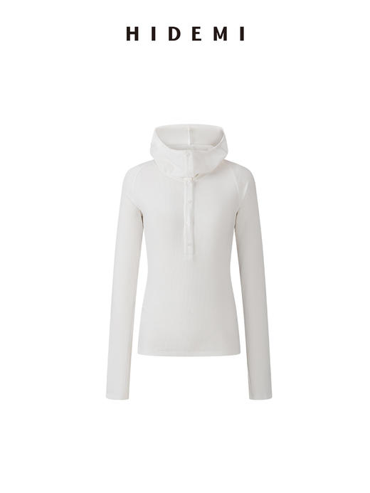 HIDEMI 循环可再生高弹力显瘦坑条连帽T恤长袖上衣帽衫 黑色/艺术灰/自然白 商品图6