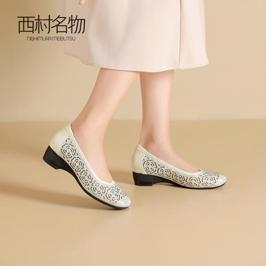 西村名物2024夏季新品透气纱网中跟软底牛皮浅口单鞋女鞋休闲鞋X24AH14061 商品图2