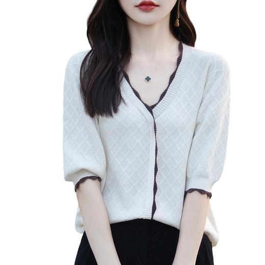 QHJY-JY992棉线假开衫女短袖2024春夏新款V领针织衫宽松薄款上衣T恤打底衫 商品图4