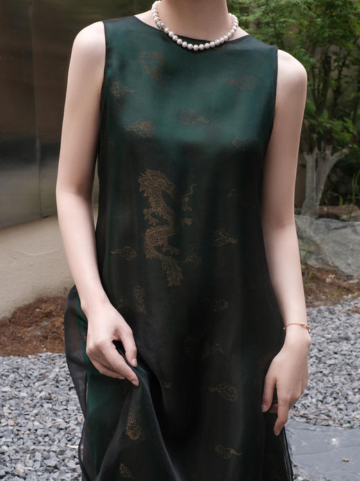 盛唐牡丹 |孔雀绿龙纹真丝绡长款三穿马甲 商品图1