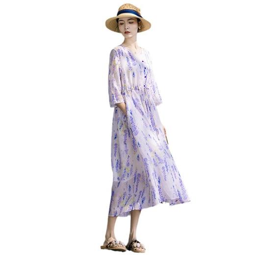 丁摩 新中式棉麻女装苎麻连衣裙春夏V领复古a字裙4ZF-96154 商品图4