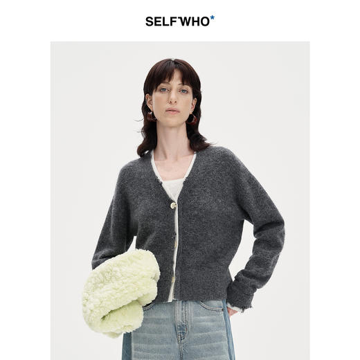 SELFWHO羊驼毛混纺假两件撞色针织开衫女2024秋新款慵懒上衣外套 商品图0