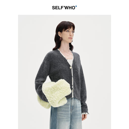 SELFWHO羊驼毛混纺假两件撞色针织开衫女2024秋新款慵懒上衣外套 商品图1