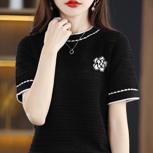 QHJY-JY1029镂空夏新款圆领t恤短袖女上衣时尚全棉线薄款洋气打底棉麻针织衫 商品图2