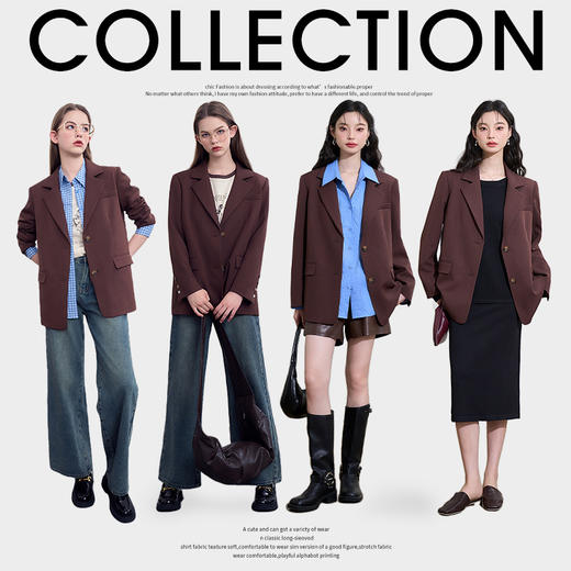 西遇咖色西装外套女新款宽松翻领垫肩正装休闲西服D3342232 商品图1