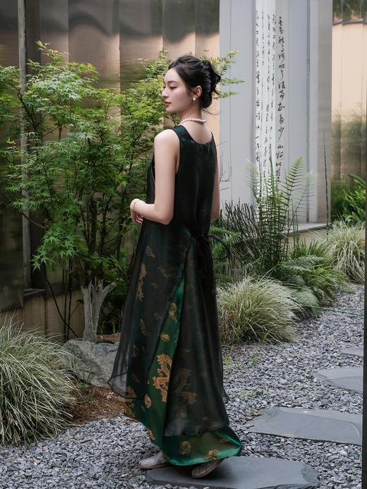 盛唐牡丹 |孔雀绿龙纹真丝绡长款三穿马甲 商品图5