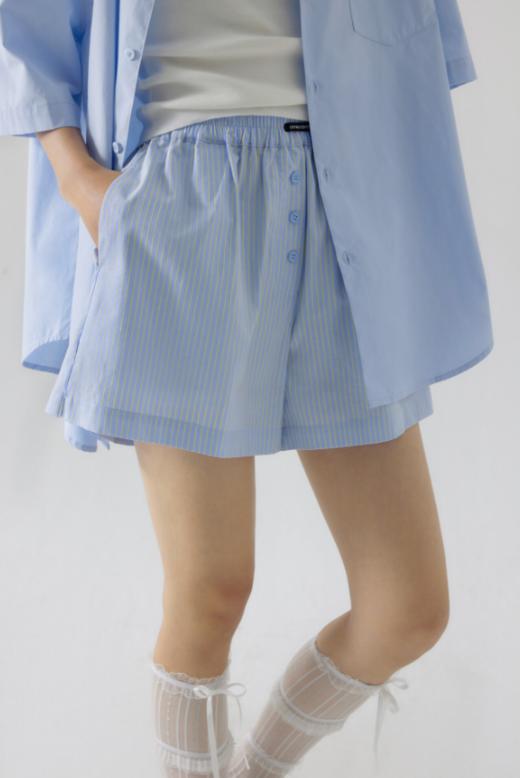 CryingCenter 樱花粉海盐蓝条纹阿罗裤橡筋腰休闲短裤 哭喊中心 商品图0