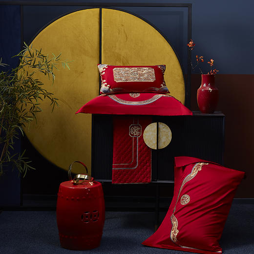 自然醒160s长绒棉臻棉系列婚庆四件套高端刺绣大红色结婚陪嫁多件套床品GDS 商品图7