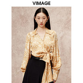 VIMAGE纬漫纪秋季新款气质V领高级感印花显瘦舒适上衣V2213811