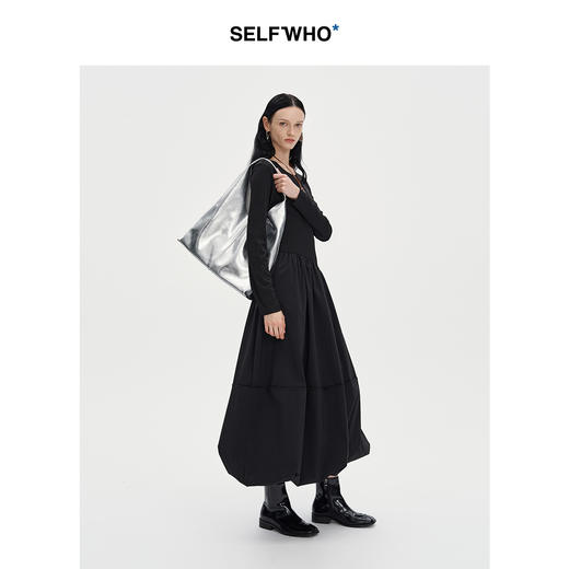 SELFWHO黑色长袖针织拼接连衣裙女2024秋新款法式圆领花苞裙长裙 商品图2