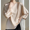 春夏季新款冰丝圆领长袖T恤女宽松大码雪纺衫上衣桑蚕丝九分袖T恤衫 商品缩略图0