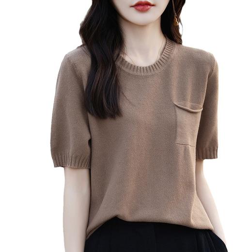 QHJY-83JY996夏季新款精纺100棉线针织短袖女圆领五分袖带兜t恤半袖打底衫 商品图4