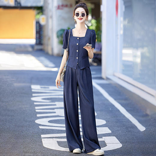 雀说 夏泡泡袖上衣薄款天丝牛仔套装女阔腿裤洋气两件套4ZF-2871 商品图0