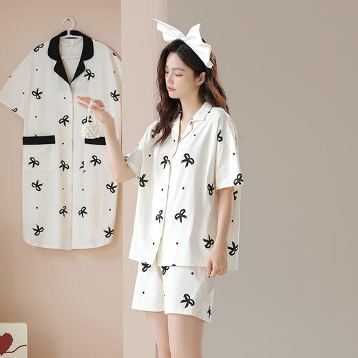 丁摩 【抗菌拉架棉】女士睡衣夏季纯棉可外穿蝴蝶结睡裙开衫家居服套装4ZF-3160 商品图1