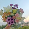 【暮色时光】双头眼线百合2枝＋大红帽小雏菊2枝＋银叶菊1枝＋橙色水仙百合1枝＋粉色洋桔梗2小枝＋太子妃多头康1支（花艺师白樱枫设计） 商品缩略图1