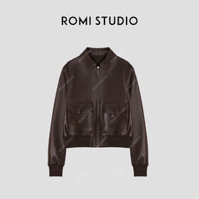 ROMI STUDIO“棕标甄选”油蜡小羊皮自然纹理复古收腰皮衣 441P9071