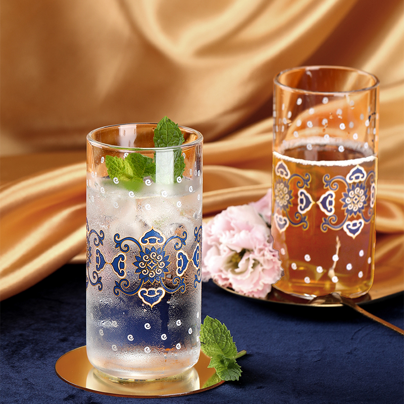 蓝花缠枝莲如意云纹玻璃杯