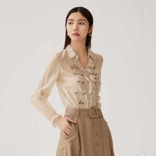 谜底衬衫长袖女2024秋季新品通勤风V领钉珠绣花H型衬衣243MC1098 商品图1